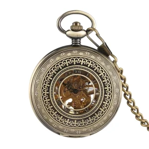Antique Steampunk Men’s Mechanical Analog Pocket Watch with Chain Vintage Skeleton Design No Waterproof Gift