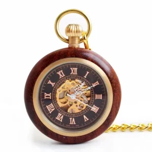 Antique Steampunk Vintage Roman Numerals Brass Pendant Necklace Wood Mechanical Skeleton Pocket Watch Quartz for Men Women