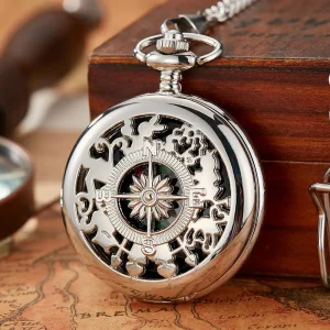 Antique Style Compass Pocket Watch with Stainless Steel Case 47mm Dial and Quartz Movement