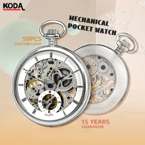 Antique Style Custom Pocket Watch Silver Mechanical Movement with Chain Stainless Steel Case