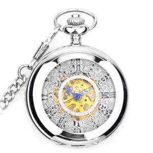 Antique Style Manual Mechanical Pocket Watch with Flower Roman Hollow Design Alloy Case