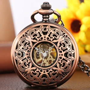 Antique Style Rose Gold Mens Hunter Pocket Watch Hand Wind Steampunk Mechanical Watch with Fob Chain Roman Numerals for Gift