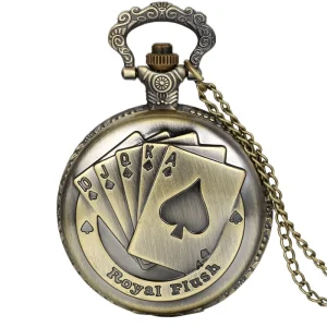 Antique Style Royal Flush Poker Cards Quartz Pocket Watch Chain Necklace Gift for Children Men Women