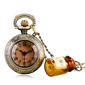 Antique Style Small Pocket Watch With Drink Me Bottle Pendant Mini Locket Watch with Necklace Chain for Vintage Jewelry Gift
