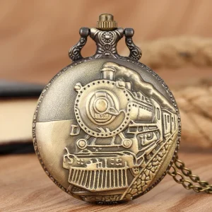 Antique Style Vintage Train Steampunk Necklace for Men Pocket Clock Engine Locomotive Quartz Watch with Chain Pendant Gift Idea