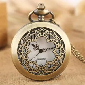 Antique Style Zinc Alloy Quartz Movement Hollow Flower Pocket Watch Necklace Locket Pendant with Chain for Vintage Gift