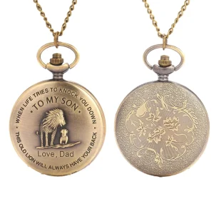 Antique Vintage Bronze Quartz Large Pocket Watch Stainless Steel Case with Embossed Lion Thin Chain