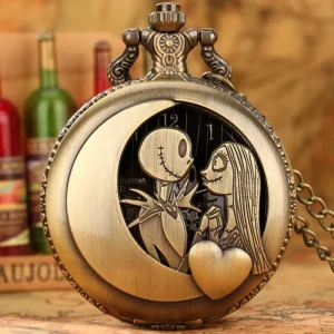 Antique Vintage Bronze Steampunk Metal Pendant Jack and Sally Necklace with Quartz Movement Clock Pocket Watch and Chain