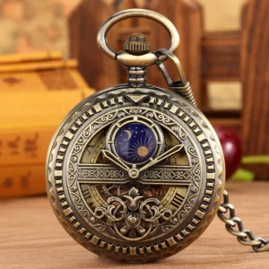 Antique Vintage Hollow Blue Moon Star Steampunk Skeleton Mechanical Pocket Watch for Men Hand Wind Design