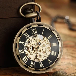 Antique Vintage Roman Numerals Pocket Watch Automatic Necklace Pendant Clock Chain Men’s Women Hollow Mechanical Watch