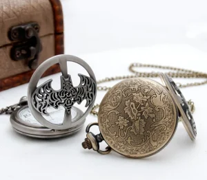 Antique Vintage Silver Gold Hollow Bats Case Pocket Watch with Pendant Chain Quartz Movement