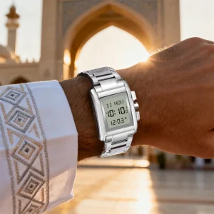 Arabic Islamic Square Dial Qibla Wrist Watch Stop Watch Azan Digital 18mm Stainless Steel Band Water Resistant Luxury Muslim