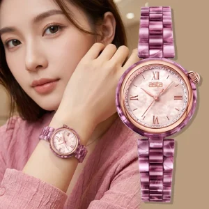 Asta Acetate Ladies Quartz Watch Elegant Swirl Berry Marble Roman Dial Crystal Bezel Supplier