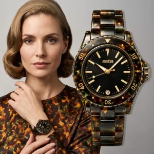 Asta Acetate Quartz Women 34MM Matte Black Dial Vintage Wristwatch