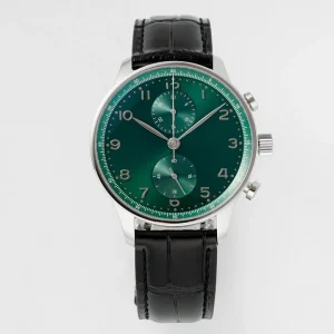 Automatic Chronograph Watch Green Dial Water Resistant Stainless Steel Case Black Leather Strap