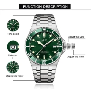 Automatic Luxury Men’s Watch Green Sapphire Crystal Green Bezel Luminous Markers Date Display 26mm Band Power Reserve