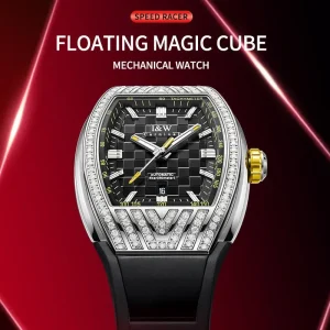 Automatic Luxury Rectangle Men’s Watch Black Dial Luminous Tachymeter Diamond Bezel Gold Crown Mechanical
