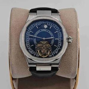 Automatic Luxury Style Men’s Hollow Pointer Watch with Mineral Glass Tourbillon Sun Moon Change Glass Back Mechanical Movement
