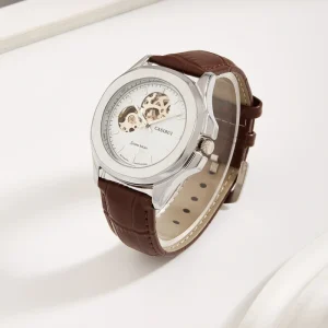 Automatic Mechanical Business Watch Silver Stainless Steel Square Tourbillon Analog Buckle 24mm Leather Strap Glass Sport