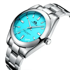 Automatic Mechanical Luminous Alloy Case Stainless Steel Band 41mm Colorful Exercise Style Men’s Watch with Pointer Dial