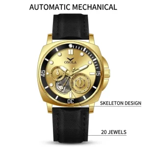Automatic Mechanical Men Watch 20 Jewels Skeleton Design Luminous Calendar Leather Strap Mechanical Watch