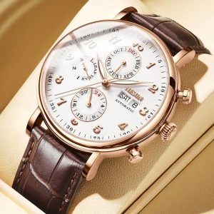 Automatic Mechanical Men’s Watch Multi-function Waterproof Business Casual Leather Strap Steel Case Model 9029