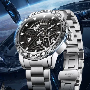 Automatic Mechanical Watch 44MM Metal Case Bracelet Skeleton Dial Star Design Waterproof Luminous Business Sport