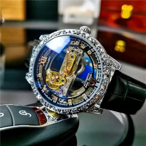 Automatic Mechanical Watch Alloy Case Pointer Dial Waterproof 30M Luminous Hollow Bottom Design Men’s Watch