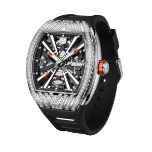 Automatic Mechanical Watch Fully Diamond Paved Stainless Steel Case Rubber Pointer Business Style 5BAR Water Resistant