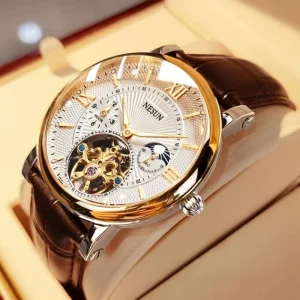Automatic Mechanical Watch Luminescent Fashionable Waterproof Skeletonized Flywheel Leather Strap Men’s Wristwatch
