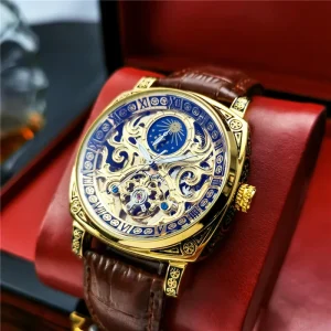 Automatic Mechanical Watch Men’s Hollow Through the Bottom Casual Luminous Moon Phase Leather Waterproof Clock Relogio Masculino