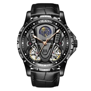 Automatic Mechanical Watch Men’s Stainless Steel Luminous Pointer 30M Water Resistant Genuine Leather Strap Dual