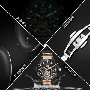 Automatic Mechanical Watch Multi function Luminescent Waterproof Fashionable Steel Strap Sports Men’s Wristwatch