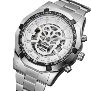 Automatic Mechanical Watch Steel Strap Skeleton Skull Design Men Watches Luxury Orologio Automatico