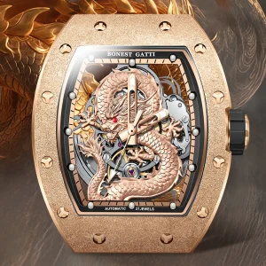 Automatic Mechanical Watch for Men Hardcore Machine Frost Golden Dragon Rubber Strap 30M Waterproof