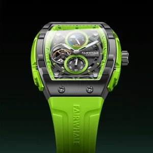 Automatic Mechanical Watch for Men Skeleton Luminous Hands Moon Phase Waterproof Rubber