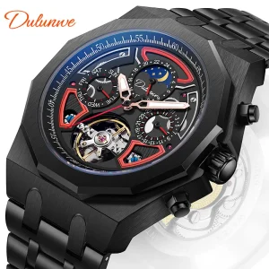 Automatic Men’s Mechanical Sport Watch 30M Water Resistant Stainless Steel Band Moon Phase Fluorescent Pointer Dial