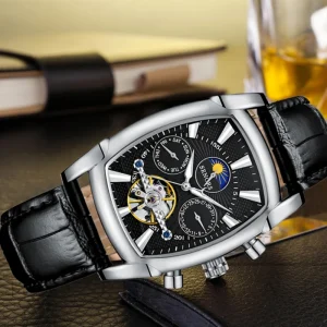 Automatic Men’s Square Business Wristwatch Genuine Leather Strap Analog Display Water Resistant Shanghai Movement