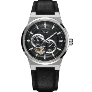 Automatic Men’s Watch Black Dial Skeleton Sub Dials Luminous Markers Black Business Mechanical Watch