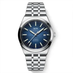 Automatic Mens Watch Blue Striped Dial Luminous Markers Date Display Resistant Stainless Steel Band Mechanical Watch