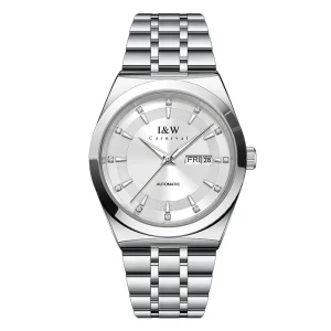Automatic Mens Watch Diamond Markers Silver Dial Day and Date Display Stainless Steel Band Business Mechanical Watch