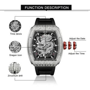 Automatic Men’s Watch Dragon Skeleton Dial Diamond Bezel Red Crown Black Mechanical Power Reserve Watch