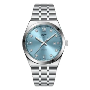 Automatic Mens Watch Ice Blue Dial Roman Numerals Diamond Markers Date Display Stainless Steel Band Mechanical Watch
