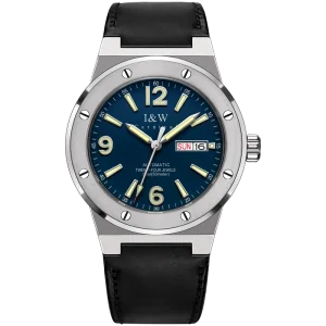 Automatic Mens Watch Silver Case Blue Dial Luminous Markers Day and Date Display Sport Mechanical Watch