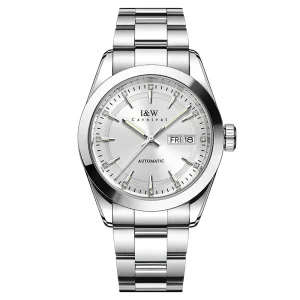 Automatic Mens Watch Silver Dial Diamond Markers Day and Date Window Stainless Steel Mechanical Watch