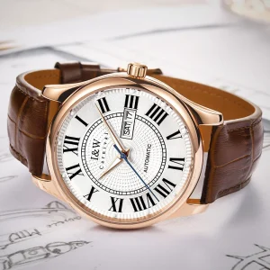 Automatic Mens Watch White Dial Roman Numerals Rose Gold Case Day and Date Display Business Mechanical Watch