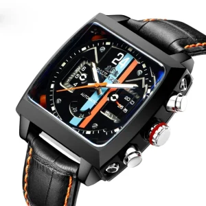 Automatic Square Leather Wristwatch Waterproof Chronograph with Luminous Hollow Out Dial Mechanical Features