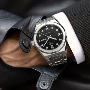 Automatic Watch Angular Case Roman Numeral Dial Diamond Markers Day and Date Display Stainless Steel Mechanical Watch