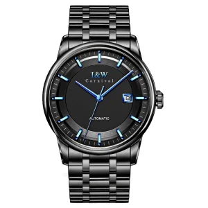 Automatic Watch Black Case Blue Luminous Markers Black Dial Date Display Stainless Steel Band Business Mechanical Watch