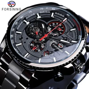 Automatic Watch Men Mechanical Sport Watch 3 Sub Dial Calendar Stainless Steel Strap Chronograph